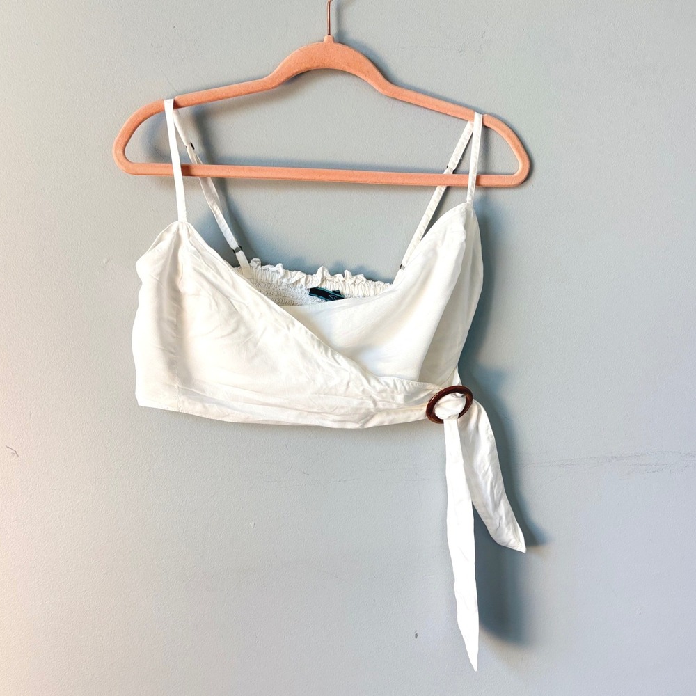 Shore Brand White Wrap Crop Top Smocked Back Tortoise Ring Small